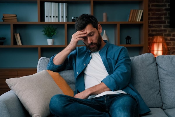 man sitting on sofa looking frustrated