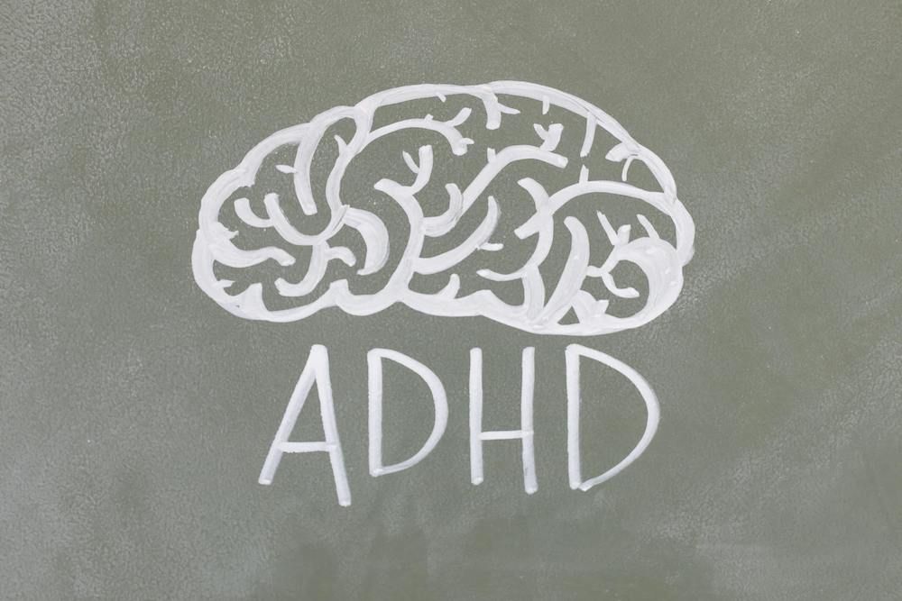 chalkboard drawing of brain with ADHD written underneath