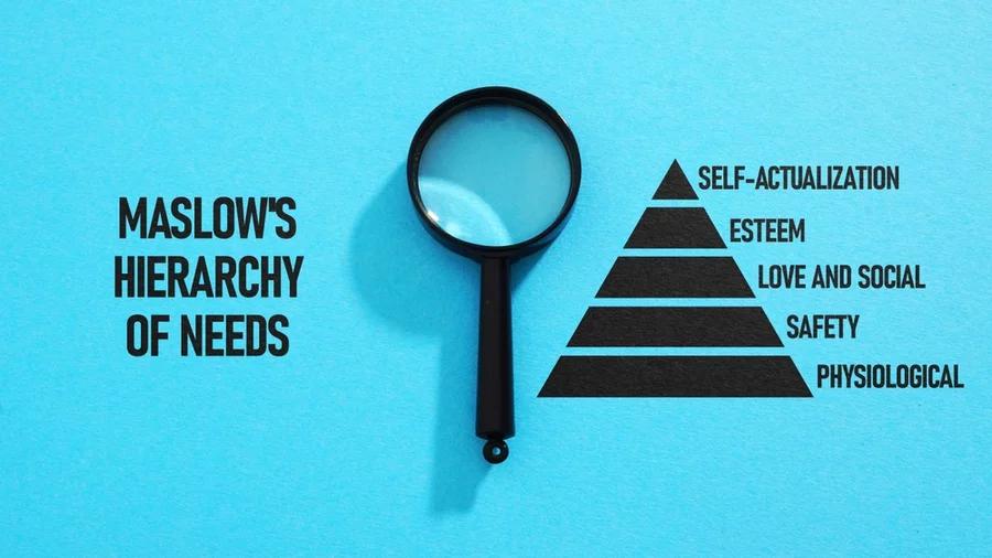 Black text and a pyramid on a blue background depict Maslow’s hierarchy of needs.