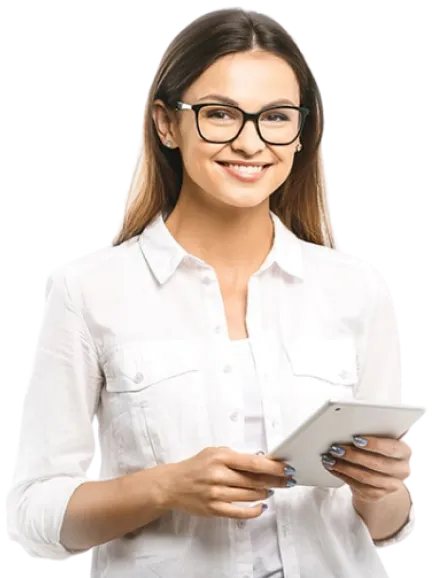 woman in white shirt smiling holding ipad